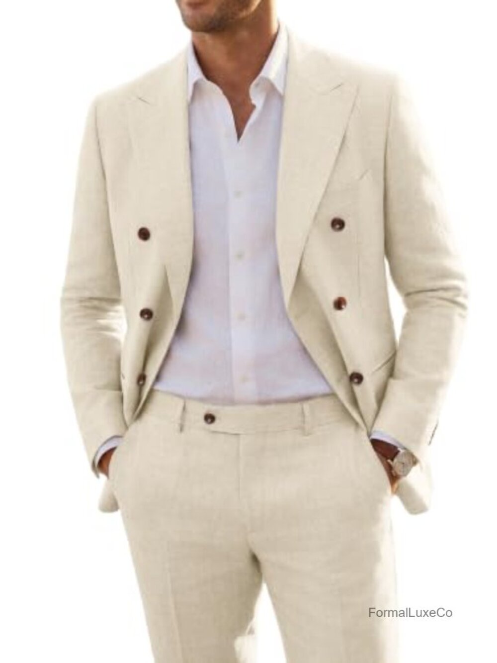 Men's 2-Piece Linen Suit Slim Fit Double Breasted Tuxedo